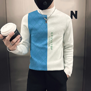 社会小伙毛衣男半高领中领修身拼色加厚针织衫B323-M46-P78控108图片