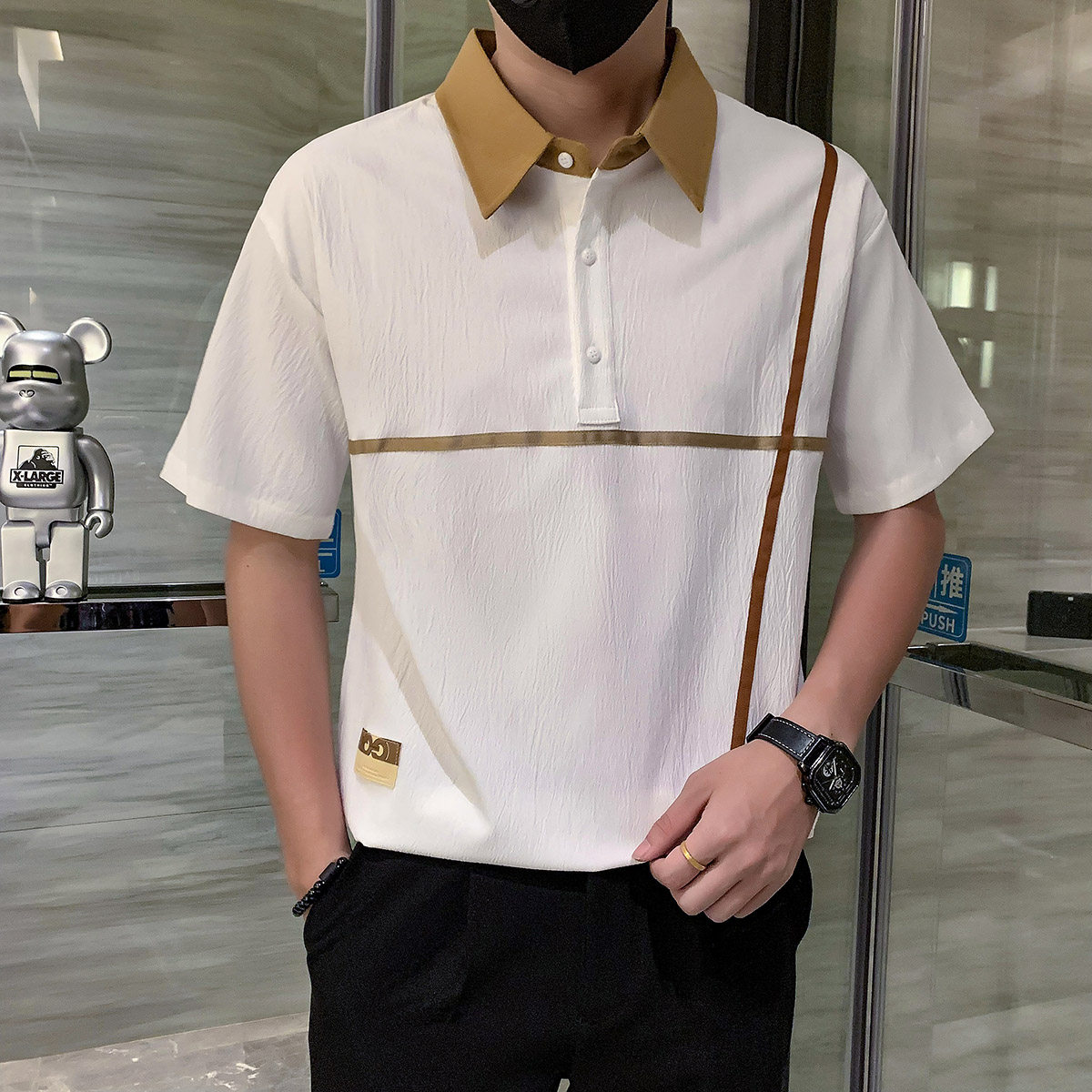 短袖polo衫男夏季潮牌高级感贴条翻领社会风T恤黑色PL14/特P45,男装T恤,星座301C（原B323）