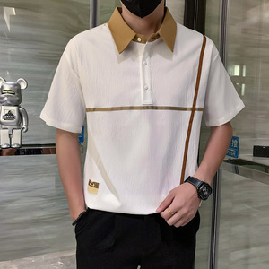 短袖polo衫男夏季潮牌高级感贴条翻领社会风T恤 白色 PL14/特P45图片