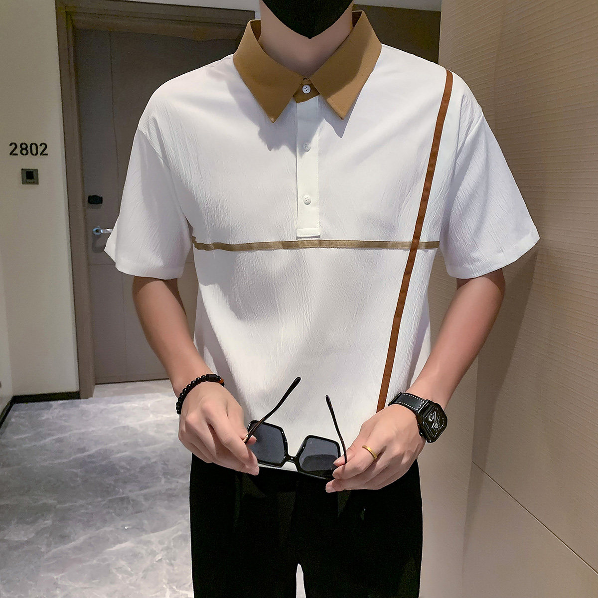 短袖polo衫男夏季潮牌高级感贴条翻领社会风T恤 白色 PL14/特P45图片