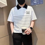 B323-PL23-P55控75社会小伙短袖POLO衫男店主风时尚条纹半袖衣服，男装Polo衫，星座301C（原B323）