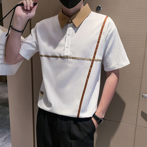 短袖polo衫男夏季潮牌高级感贴条翻领社会风T恤 白色 PL14/特P45图片