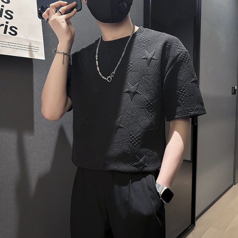 夏季痞帅短袖t恤男五角星提花社会小伙店主风B323-DT33-P48控68,男装T恤,星座301C（原B323）