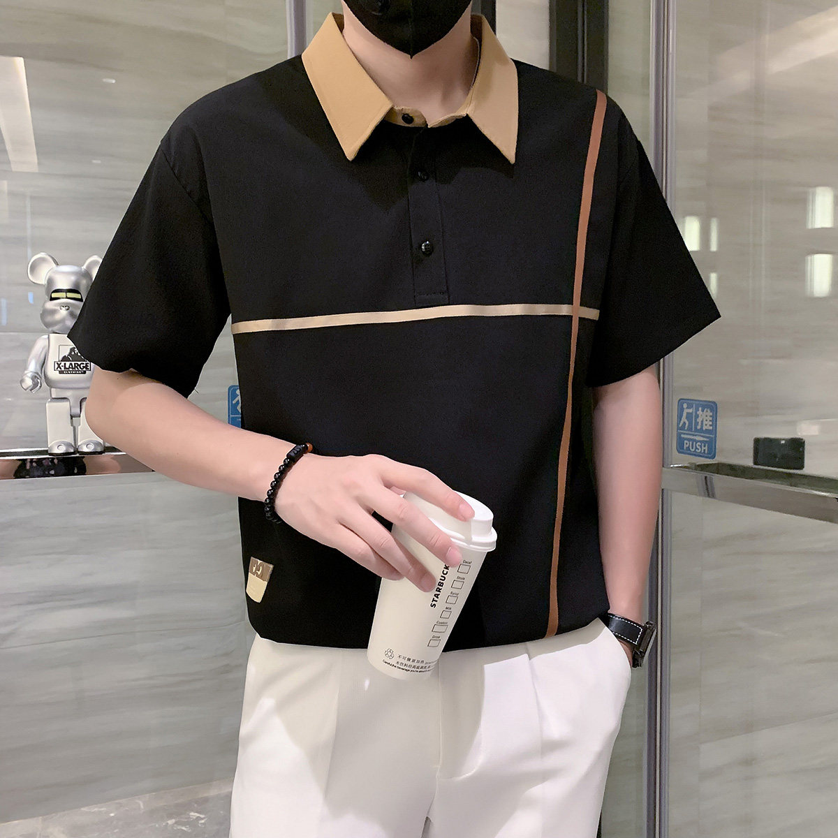 短袖polo衫男夏季潮牌高级感贴条翻领社会风T恤黑色PL14/特P45,男装T恤,星座301C（原B323）