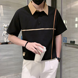 短袖polo衫男夏季潮牌高级感贴条翻领社会风T恤黑色PL14/特P45，男装T恤，星座301C（原B323）