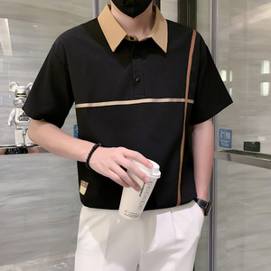 短袖polo衫男夏季潮牌高级感贴条翻领社会风T恤 黑色 PL14/特P45图片