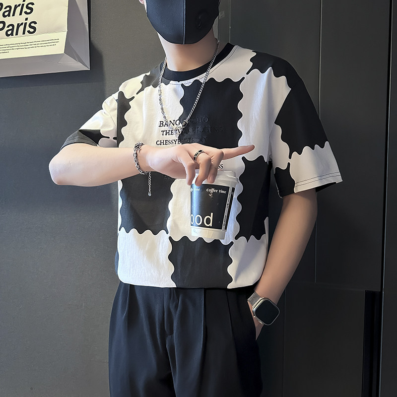 衣服男2025年新款短袖t恤印花社会小伙店主风B323-DT34-P48控68,男装T恤,星座301C（原B323）