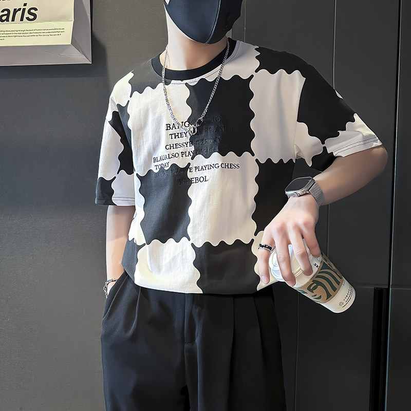 衣服男2025年新款短袖t恤印花社会小伙店主风B323-DT34-P48控68,男装T恤,星座301C（原B323）