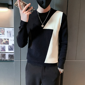 社会小伙毛衣男潮牌2023新款拼色高级感圆领打底衫 黑色 M28-P78图片