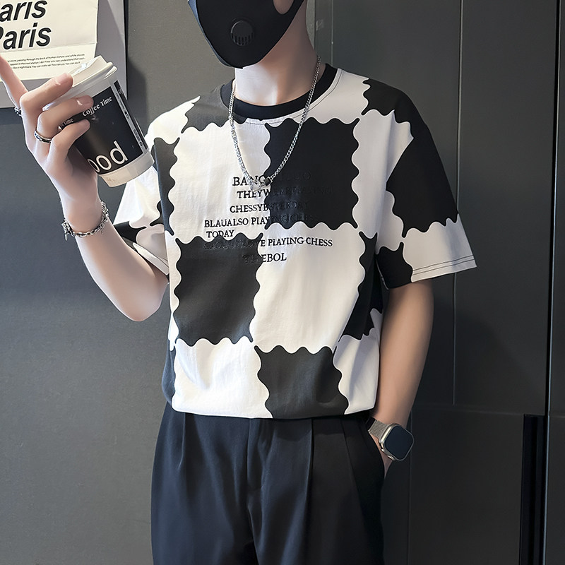 衣服男2025年新款短袖t恤印花社会小伙店主风B323-DT34-P48控68,男装T恤,星座301C（原B323）
