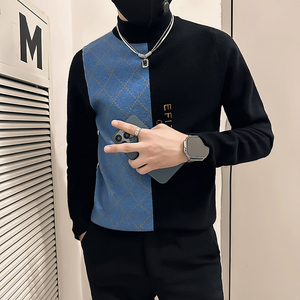 社会小伙毛衣男半高领中领修身拼色加厚针织衫B323-M46-P78控108图片