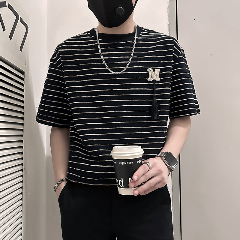 B323-DT74-P55控75社会小伙短袖T恤男店主风条纹痞帅半截袖衣服,男装T恤,星座301C（原B323）