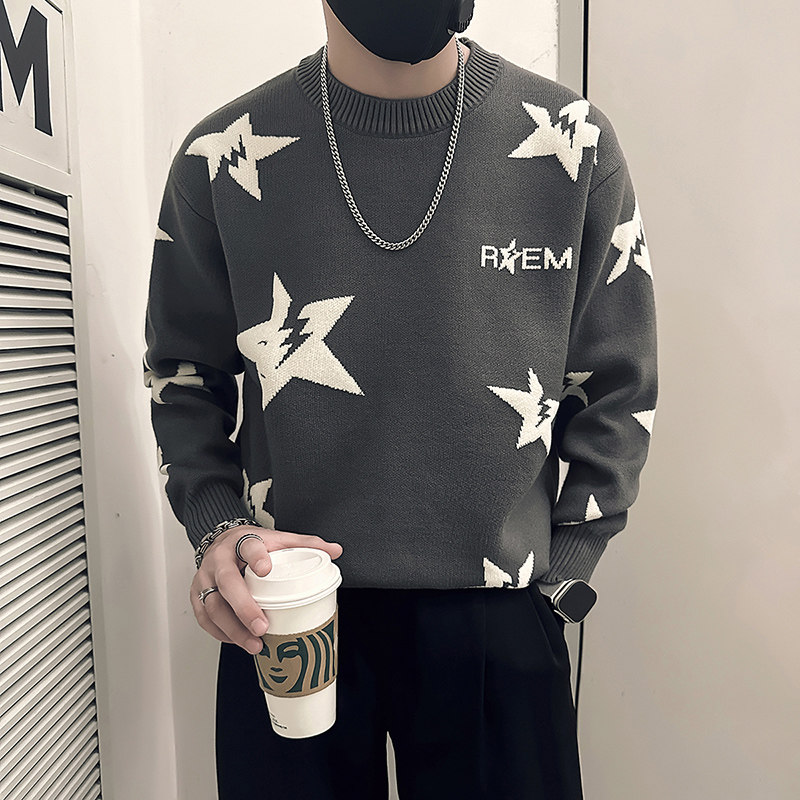 抖音五角星钩花毛衣男圆领加厚针织打底衫B323-M40-P68控98图片