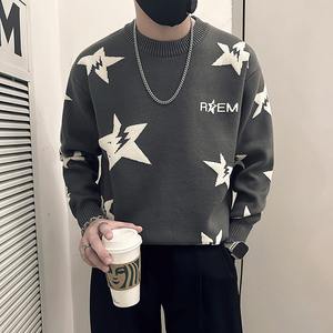 抖音五角星钩花毛衣男圆领加厚针织打底衫B323-M40-P68控98图片