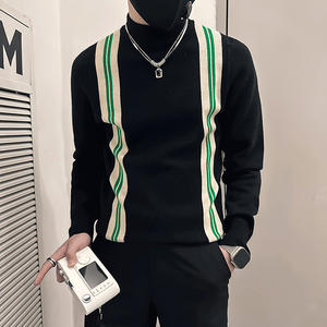 半高领中领毛衣男修身拼色潮流社会小伙针织衫B323-M45-P78控108图片