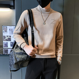 社会小伙毛衣男冬季半高领字母提花修身打底衫 卡其色 M25-P58图片