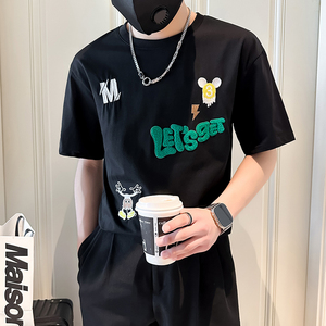 社会小伙店主风短袖t恤男士潮牌痞帅卡通刺绣圆领B323-DT50-P48图片