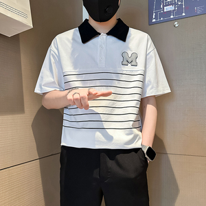 B323-PL23-P55控75社会小伙短袖POLO衫男店主风时尚条纹半袖衣服图片