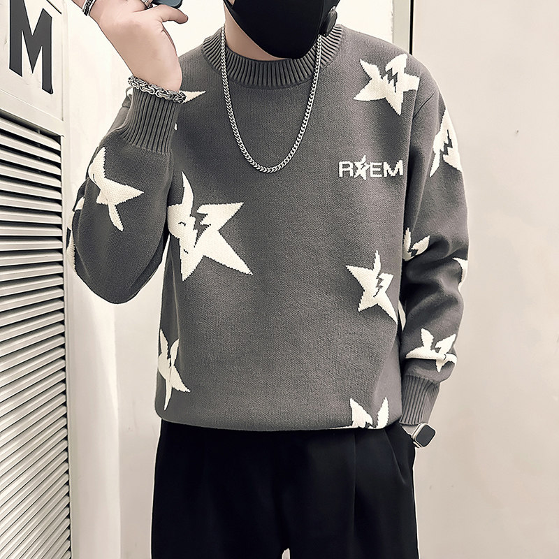 抖音五角星钩花毛衣男圆领加厚针织打底衫B323-M40-P68控98,男装T恤,星座301C（原B323）