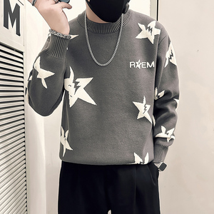 抖音五角星钩花毛衣男圆领加厚针织打底衫B323-M40-P68控98图片