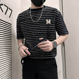 B323-DT74-P55控75社会小伙短袖T恤男店主风条纹痞帅半截袖衣服，男装T恤，星座301C（原B323）