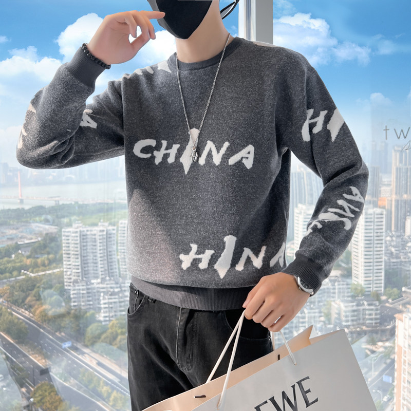 男士毛衣2023新款秋冬潮流字母圆领打底衫china痞帅三色M10-P58,男装针织衫/毛衣,星座301C（原B323）