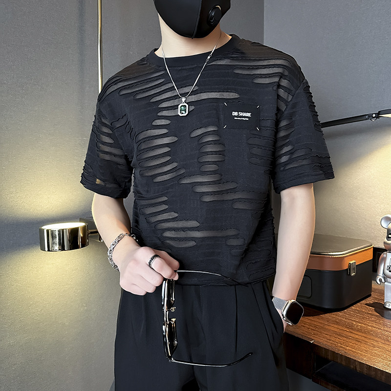 潮男痞帅破洞男士短袖t恤修身社会小伙店主风B323-DT38-P48控68,男装T恤,星座301C（原B323）