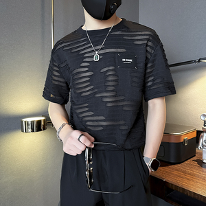 潮男痞帅破洞男士短袖t恤修身社会小伙店主风B323-DT38-P48控68图片