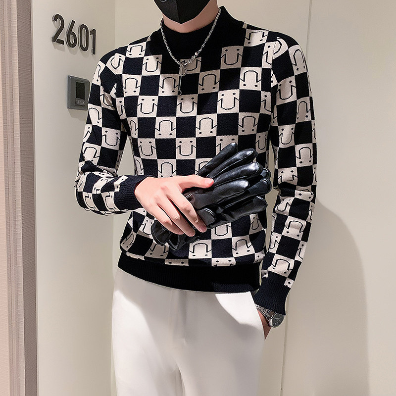 社会小伙半高领毛衣男格子潮牌ins痞帅炸街秋冬款三色M19-P68,男装针织衫/毛衣,星座301C（原B323）