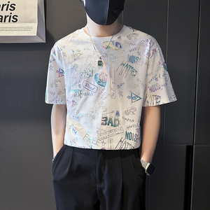 高级感印花短袖T恤男潮流百搭社会小伙店主风B323-DT44-P48控68图片