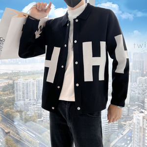 社会小伙针织衫毛衣外套男外穿长袖翻领拼色休闲夹克M01-P98控138图片