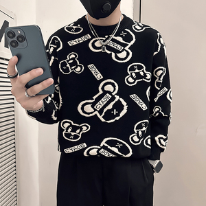 抖音社会小伙毛衣男小熊字母钩花图案加厚针织衫B323-M41-P68控98图片