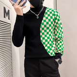 社会小伙毛衣男半高领修身棋盘格拼色针织衫B323-M48-P78控108，男装针织衫/毛衣，星座301C（原B323）