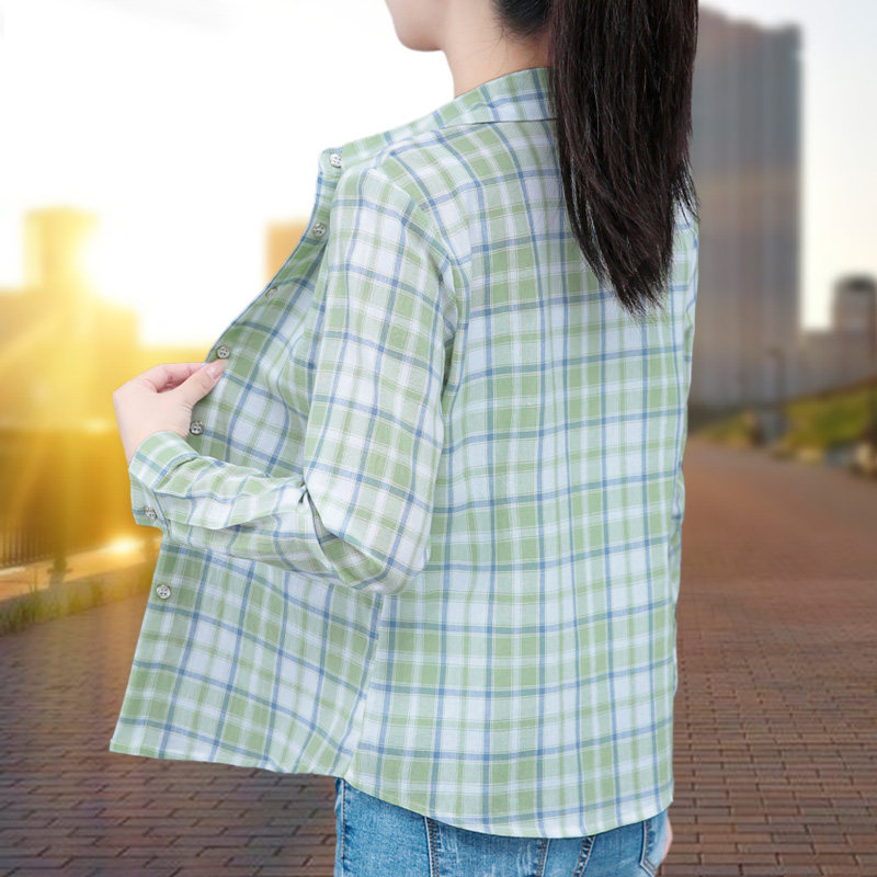 复古格子衬衫女长袖春秋通勤风休闲开衫纽扣上衣时尚洋气纯棉衬衣