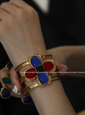 小众欧美女黄铜彩色琉璃高级感