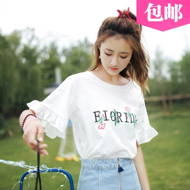 2018夏季新款韩版小清新刺绣荷叶边喇叭袖短袖T恤上衣服女装原宿|ruв категории Женская одежда, футболка - от Buy2taobao.com для оказания профессиональной услуги покупки агента Taobao