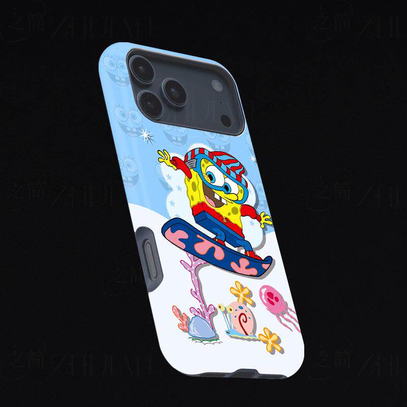 海绵宝宝滑雪磨砂磁吸手机壳大孔亮面硬壳适用苹果iphone18promax华为PURAXVIEWIQOOZ11TURBO1加15T