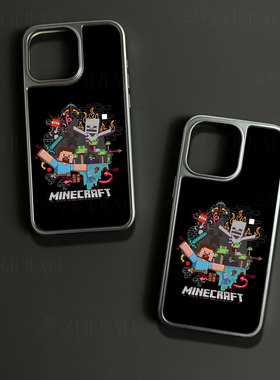 我的世界角色手机壳大孔电镀黑框碳纤维二合一玻璃适用苹果17promax华为小米14PROPURA80PROPLUS小米15PRO