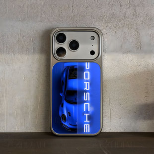 蓝保时捷跑车手机壳大孔电镀黑框碳纤纹二合一磁吸适用苹果17promax华为PURA70ULTRAMATE60PROPLUS小米14PRO