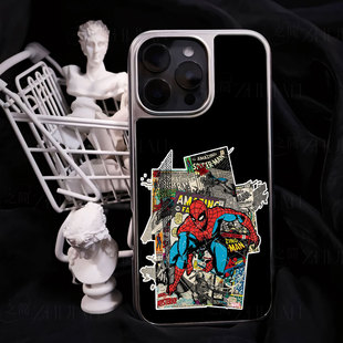 蜘蛛侠漫画手机壳大孔电镀黑框碳纤纹二合一磁吸适用苹果17promax华为PURA70ULTRAMATE60PROPLUS小米17PROMAX