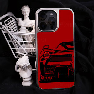红色跑车插画手机壳大孔电镀黑框碳纤纹二合一磁吸适用苹果17promax华为PURA80ULTRAPURA70ULTRAMATE60PROPLU