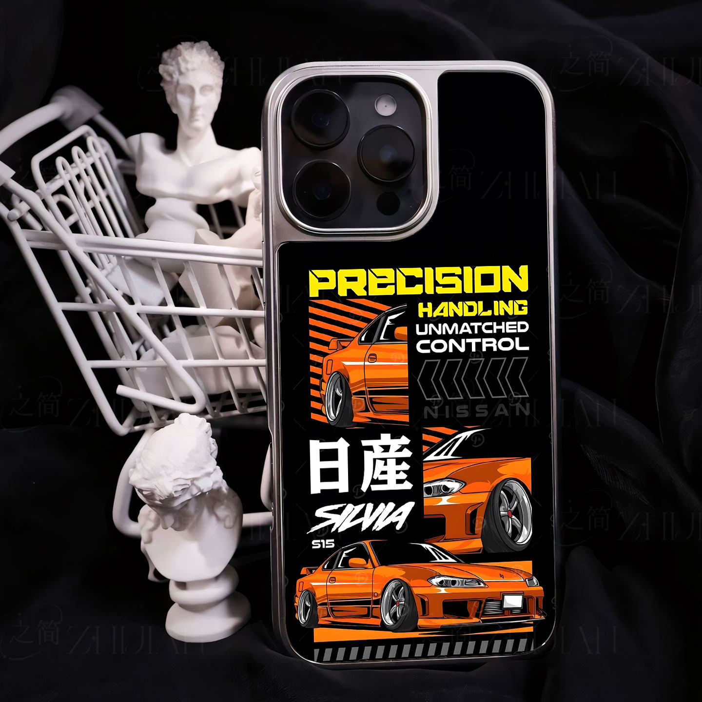 日産橙色跑车手机壳大孔电镀黑框碳纤纹二合一磁吸适用苹果17promax华为MATE60PROPLUSMATE70PROPLUS小米17PR