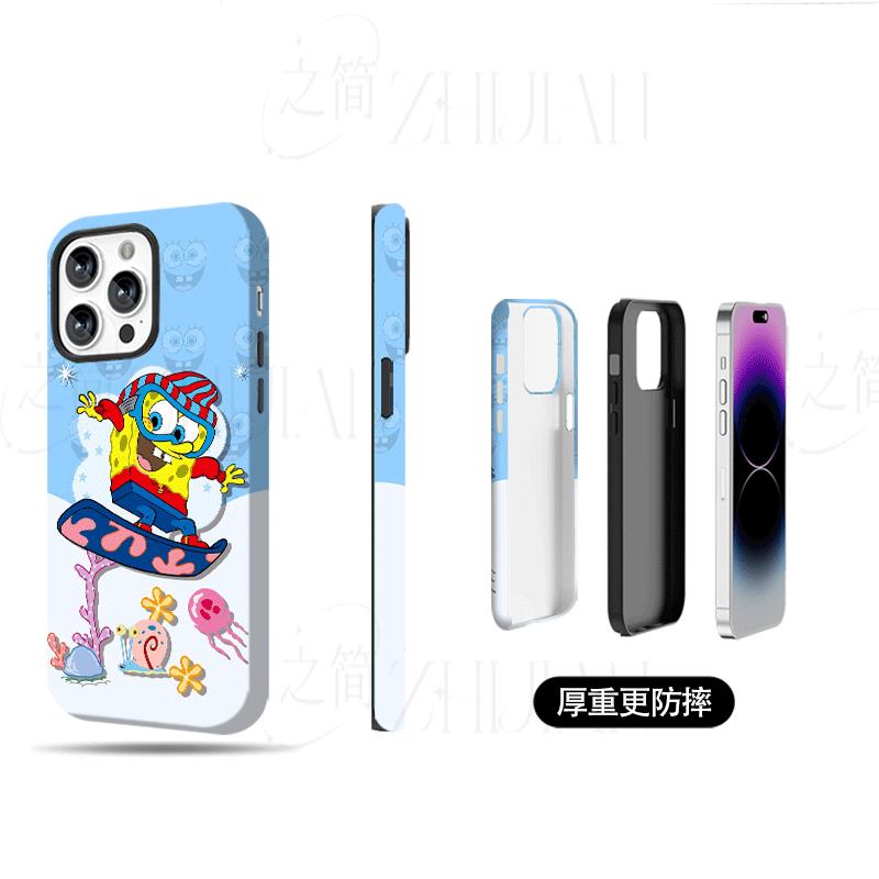 海绵宝宝滑雪磨砂磁吸手机壳大孔亮面硬壳适用苹果iphone18promax华为PURAXVIEWOPPOFINDX8PROVIVOX200S