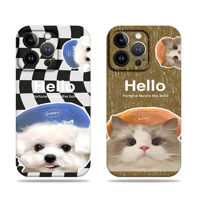 苹果17promax带帽猫咪狗狗菲林情侣手机壳适用苹果华为VIVOS18PRO小米CIVI5PRO小米MIX4VIVOX100S一加ACE5至