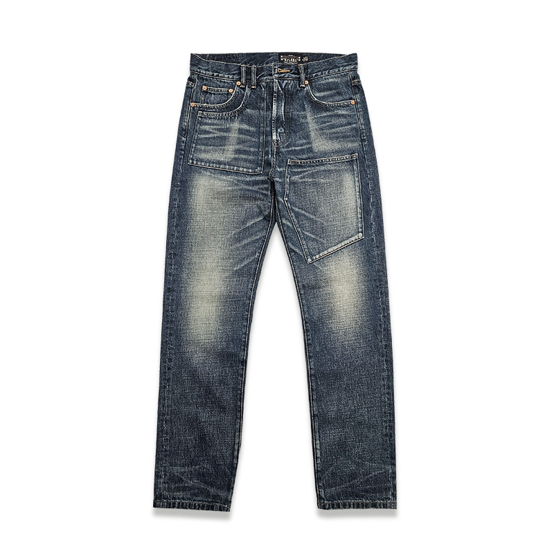 西里布拔染做旧牛仔直筒长裤