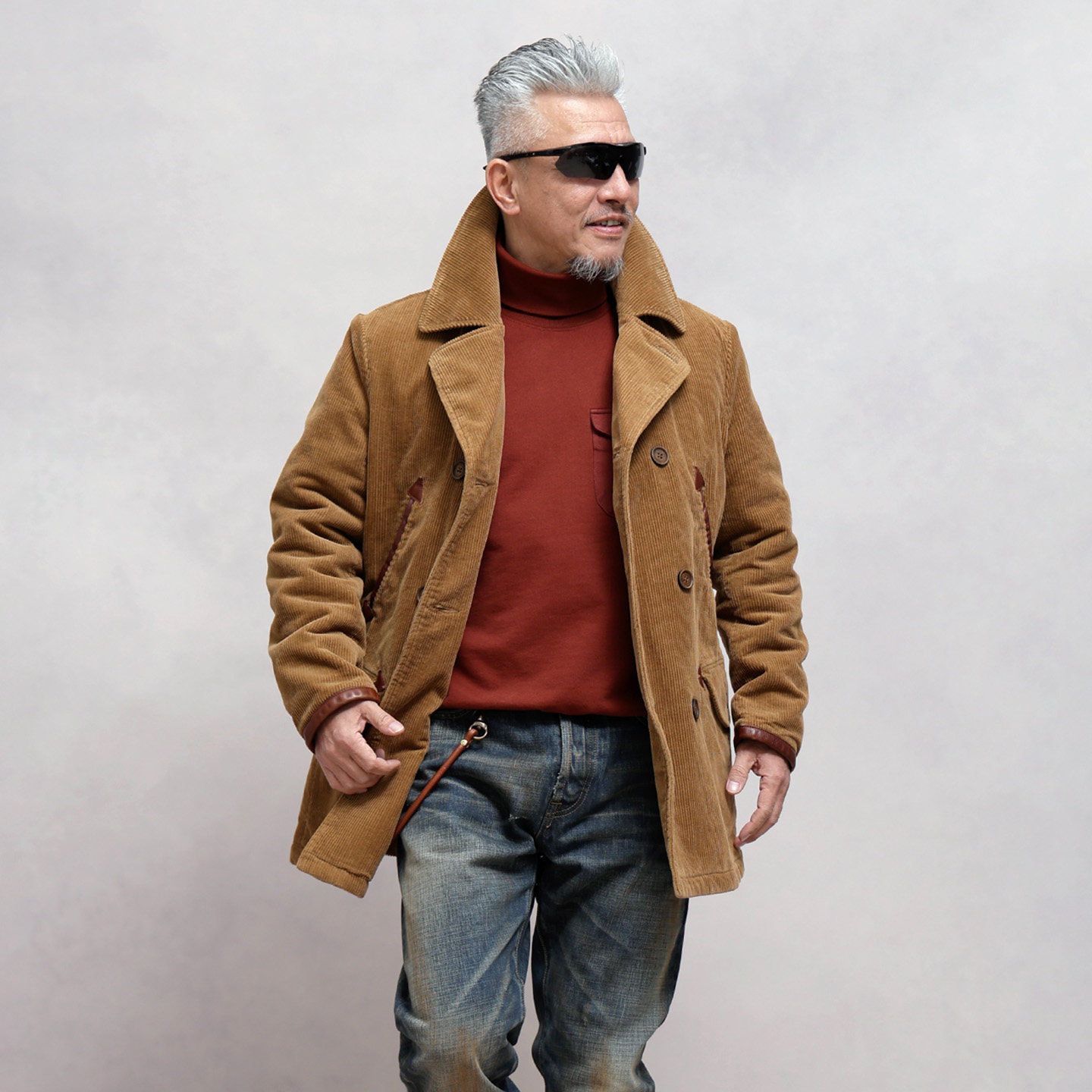 西里布美式复古灯芯绒双排扣西服大衣男款中长款条绒外套男非rrl