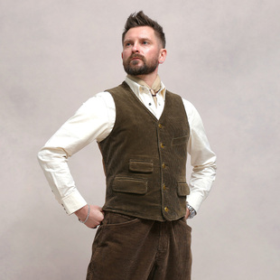 复古经典 美式 条绒坎肩非rrl 马甲背心男款 西里布伽罗绿灯芯绒修身