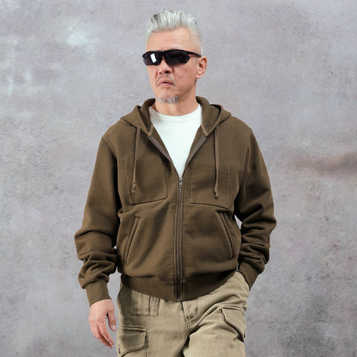 西里布硫化染军绿拉链连帽卫衣