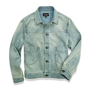 工装 西里布美式 短款 水洗做旧春季 外套非rrl 复古牛仔条纹夹克男款