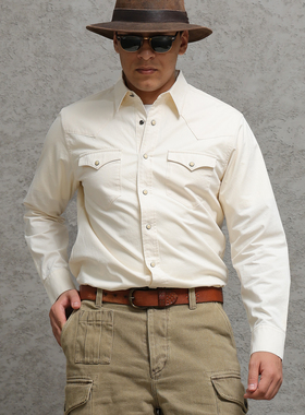 西里布米白色全棉美式复古西部衬衣男经典休闲百搭工装衬衫非rrl